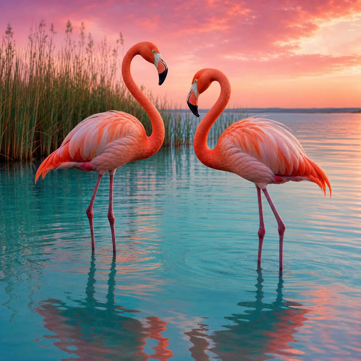 Flamingos at a Coral Sunset
