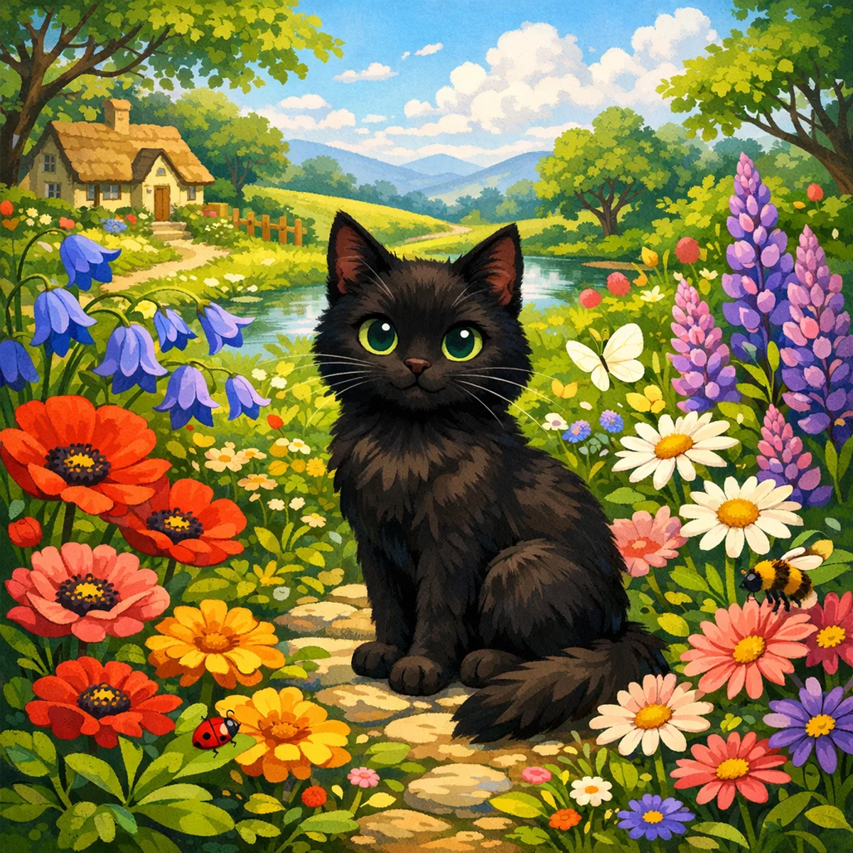 Schwarze Katze im bunten Garten