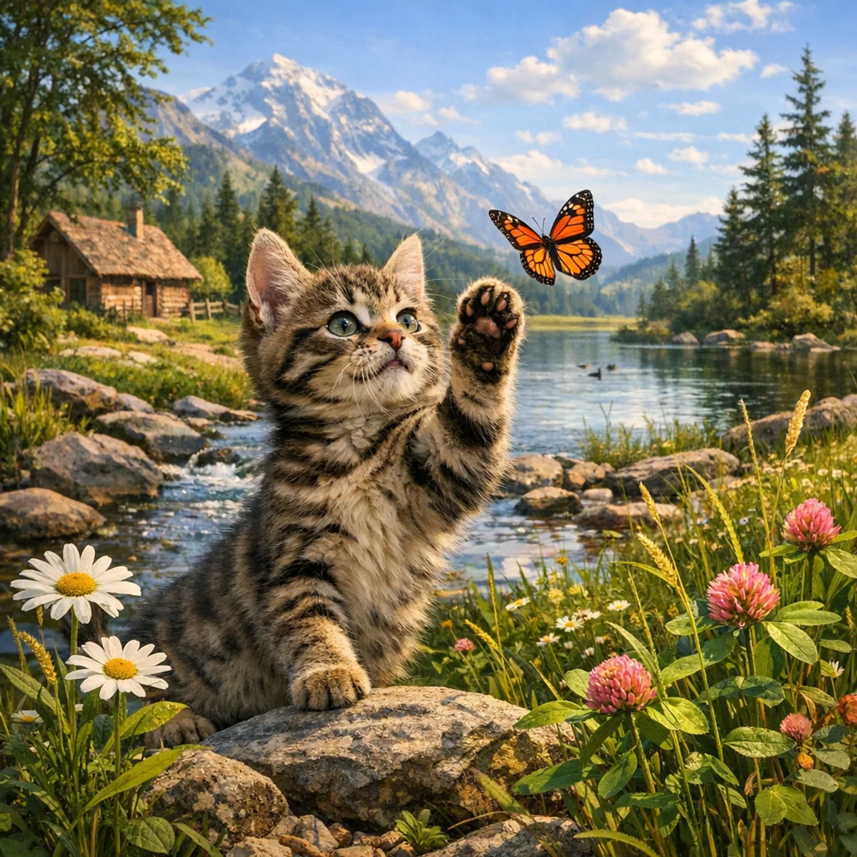 Chaton Jouant avec un Papillon