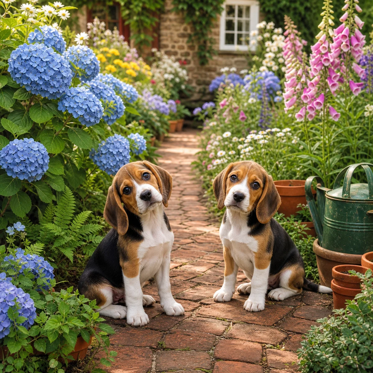 Beagle-Welpen im Blumengarten