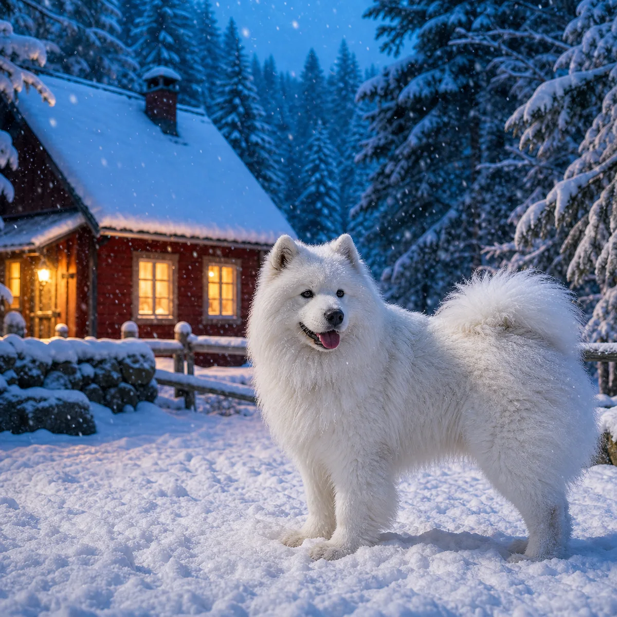 Samojede vor einer verschneiten Hütte