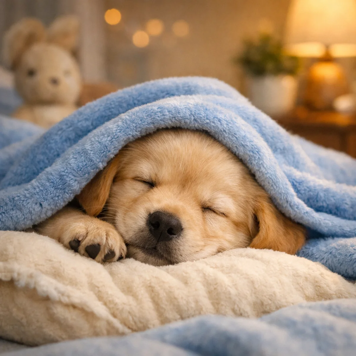 Welpe unter einem weichen Blanket