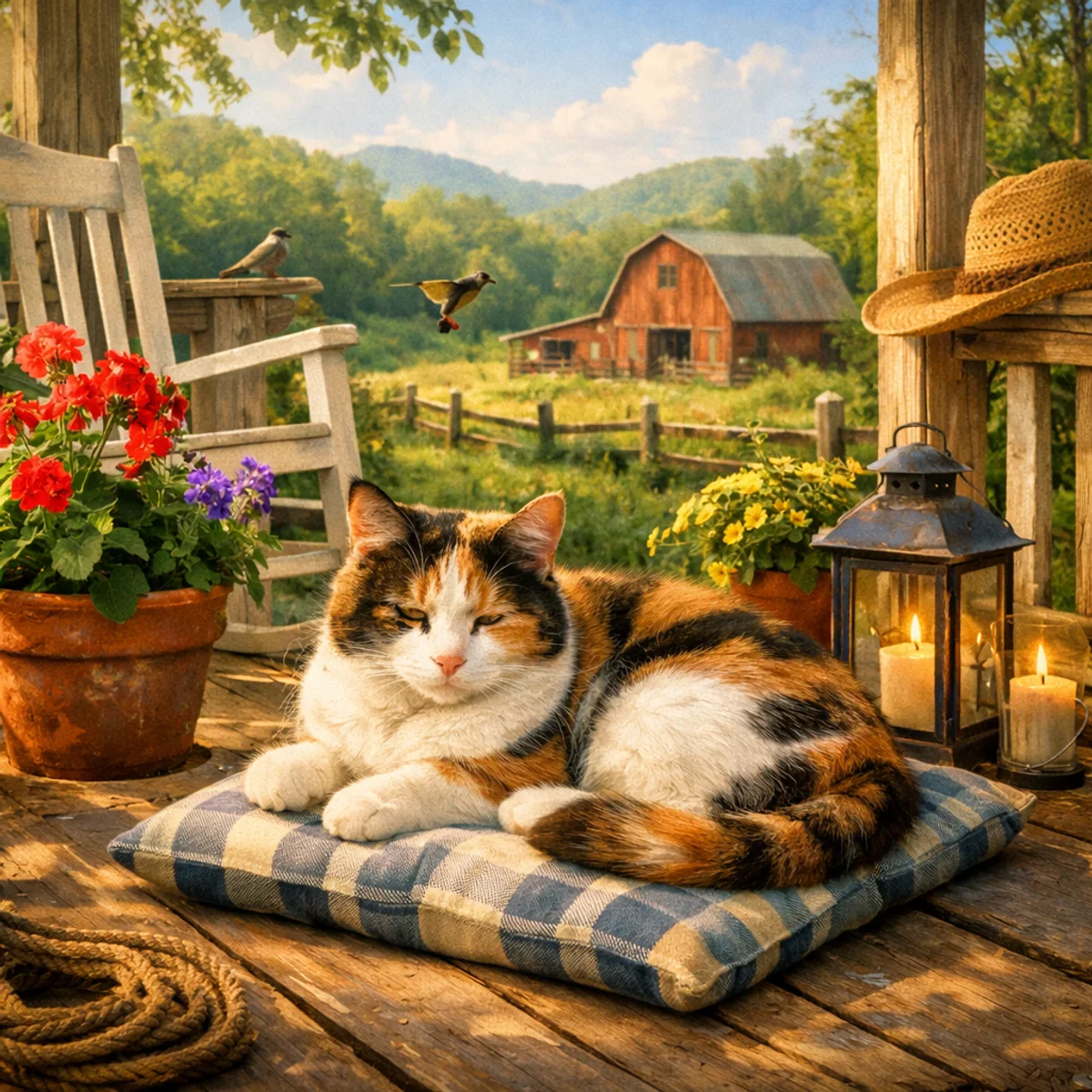 Calico Katze auf der Veranda