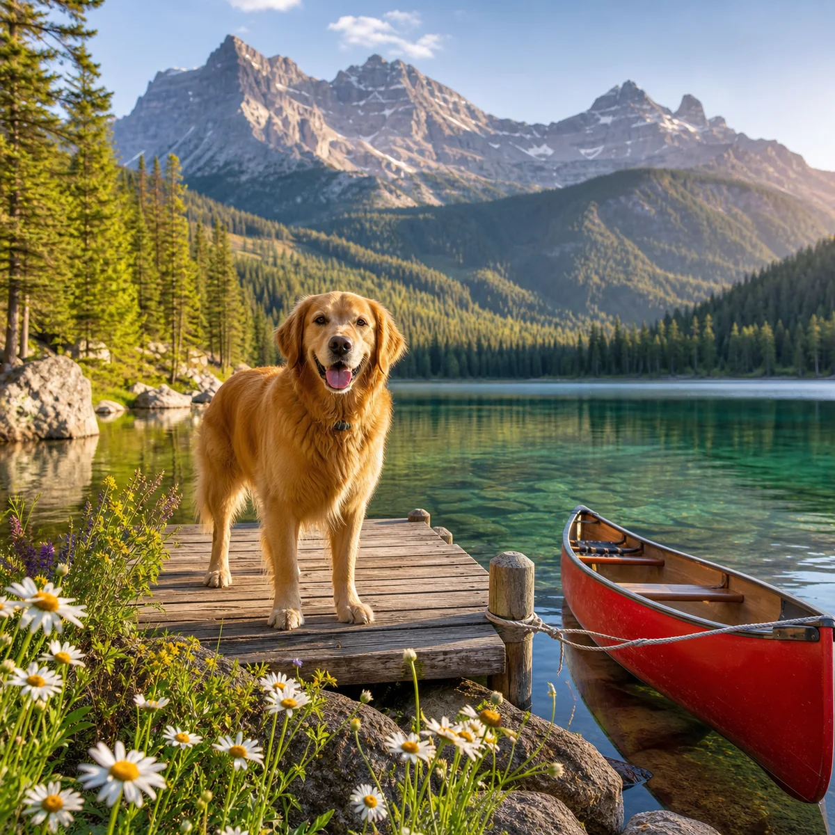 Golden Retriever by an Alpine Lake