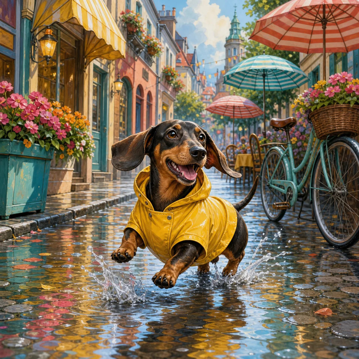 Teckel en imperméable jaune