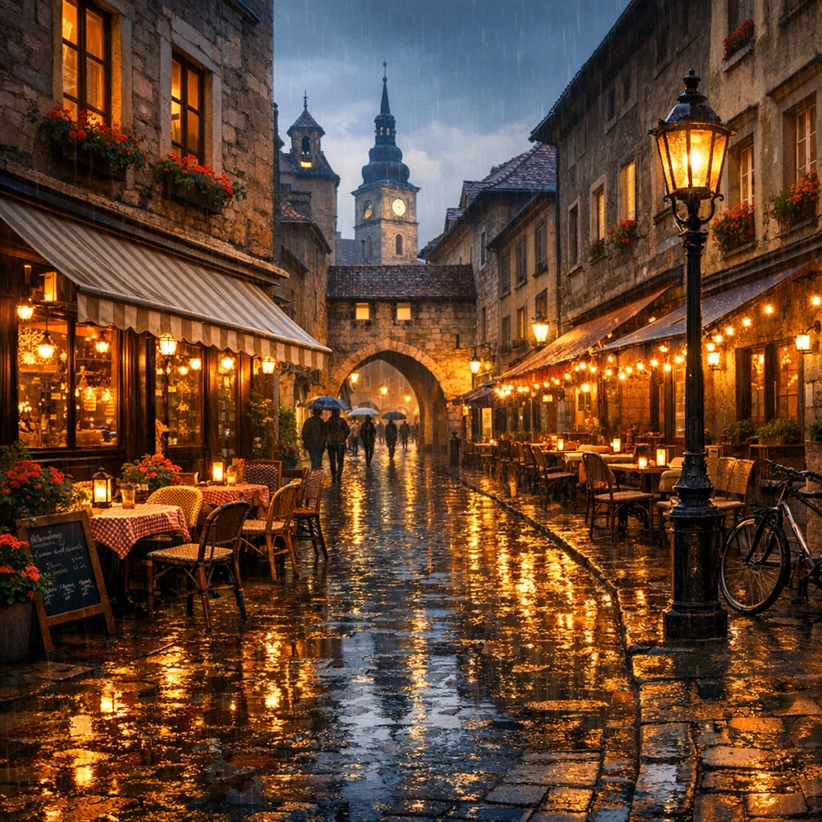 Glowing Cafe Lights on Rainy Streets