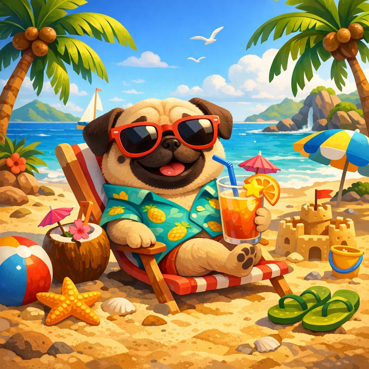 Pug con Gafas en la Playa