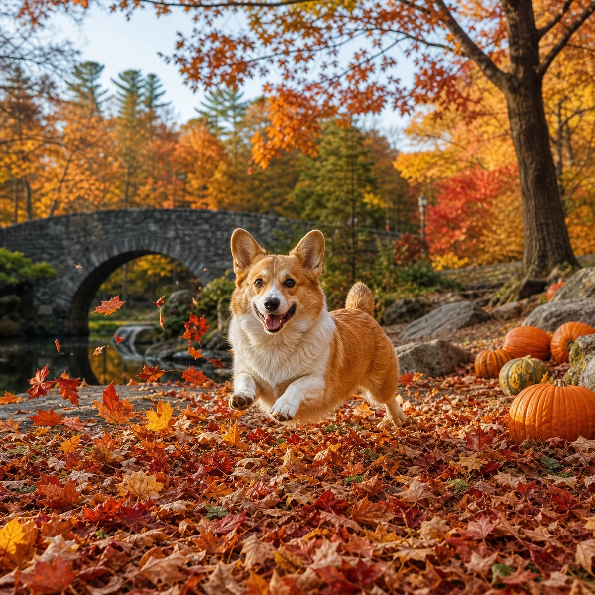 Corgi läuft durch Herbstlaub