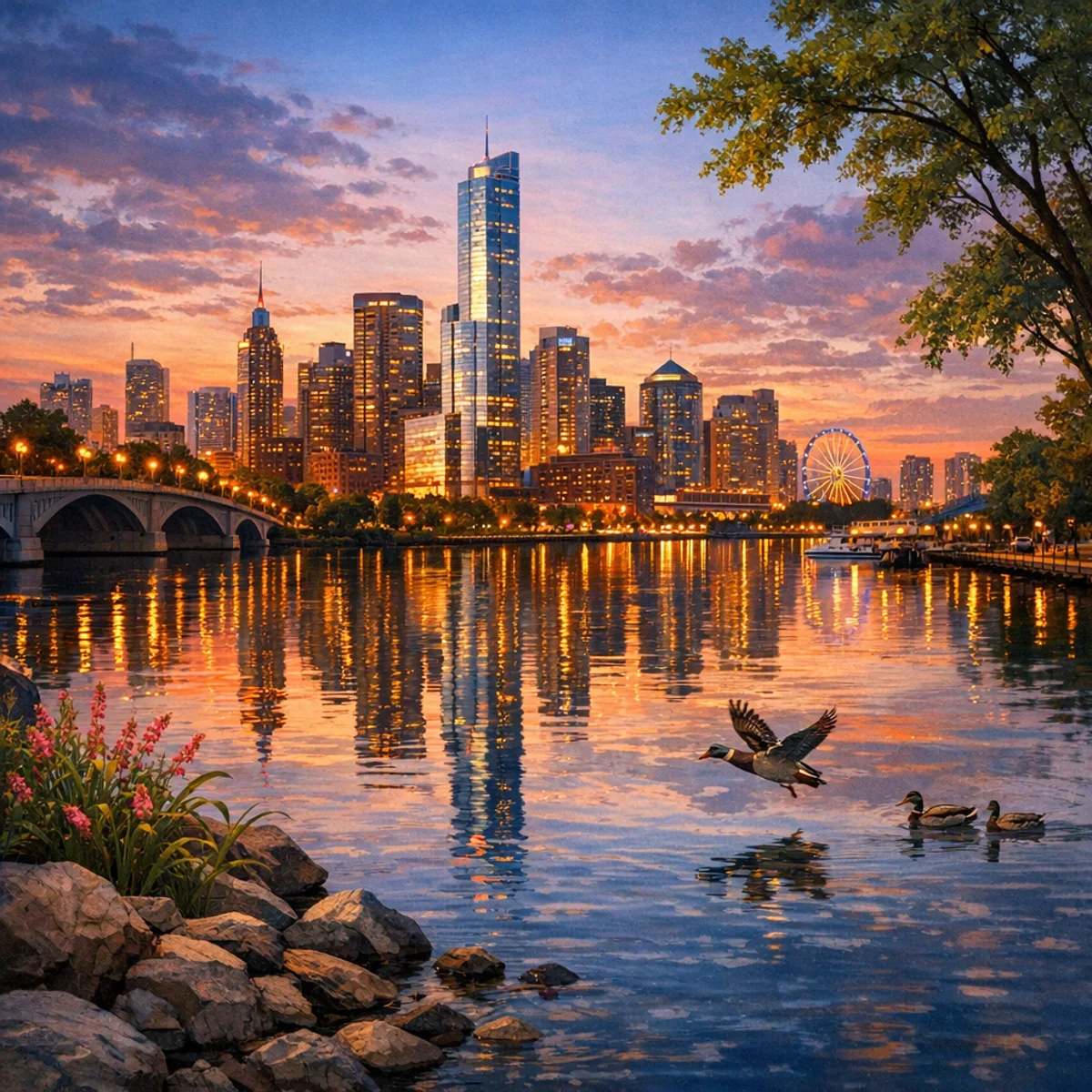 Moderne Skyline bei Dämmerung