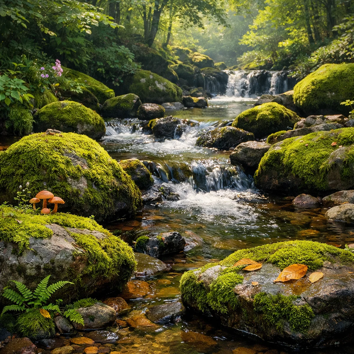 Moss-Covered Stones by a Stream