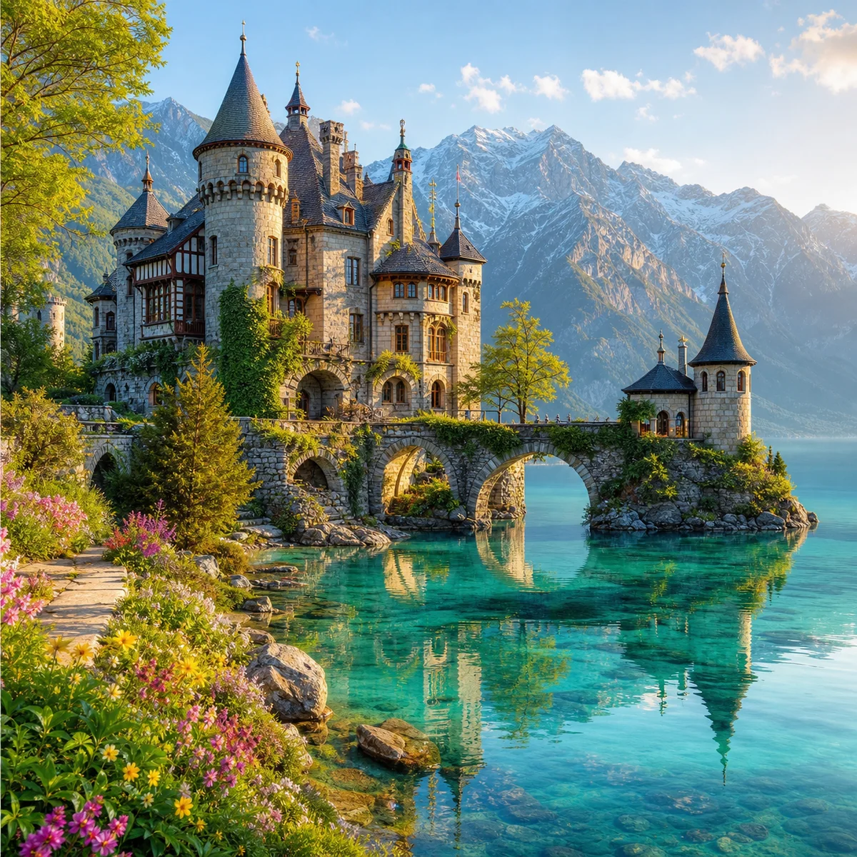 Alpine Castle above a Turquoise Lake