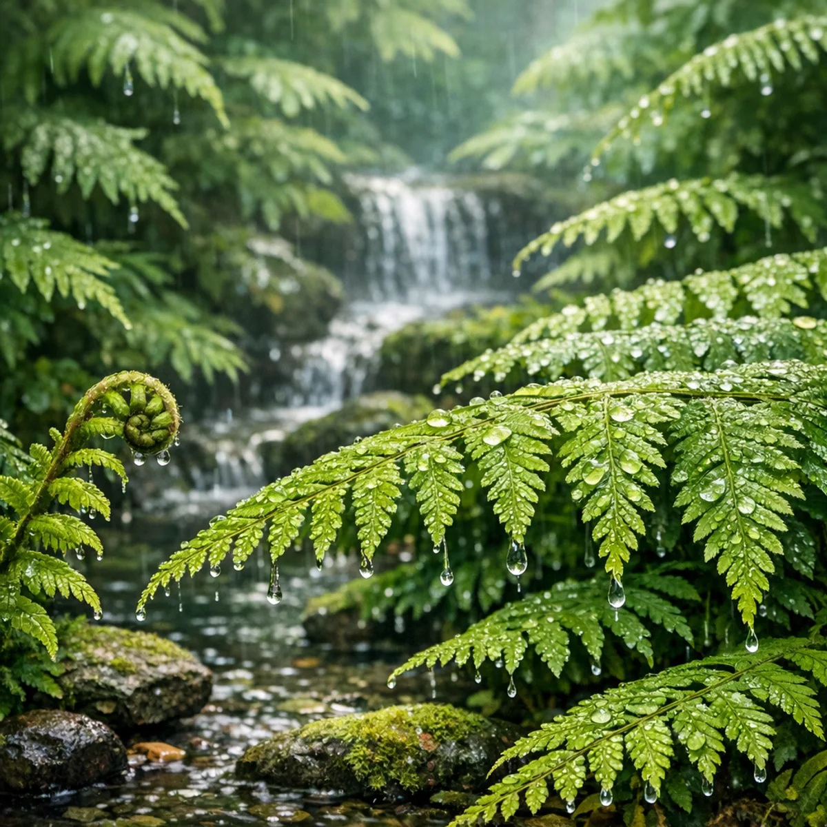 Lush Green Fern Leaves After Rain