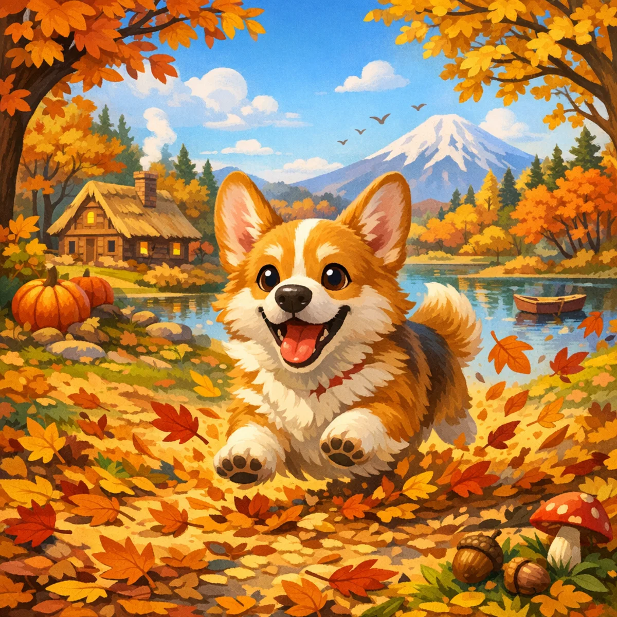 Corgi im Herbstlaub