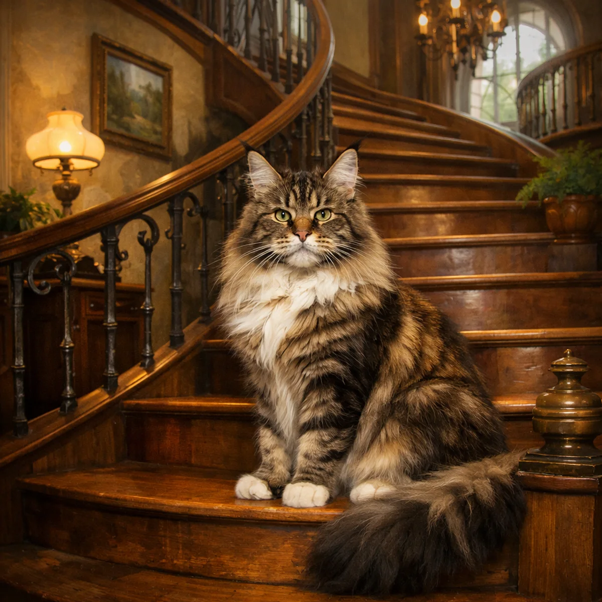 Maine Coon on Curved Stairs