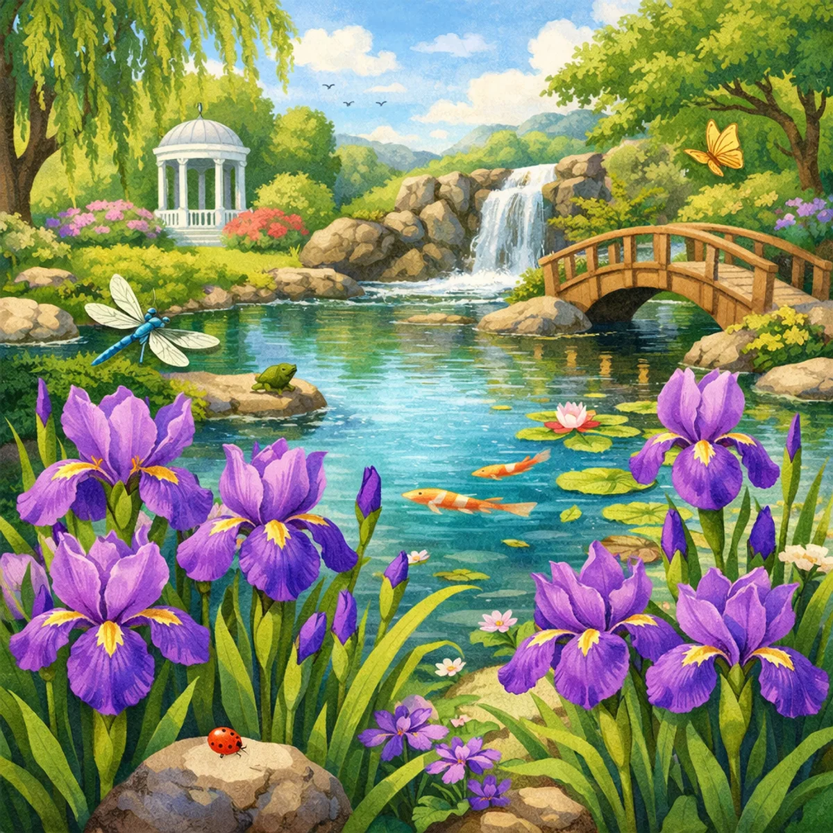 Purple Irises by a Garden Pond