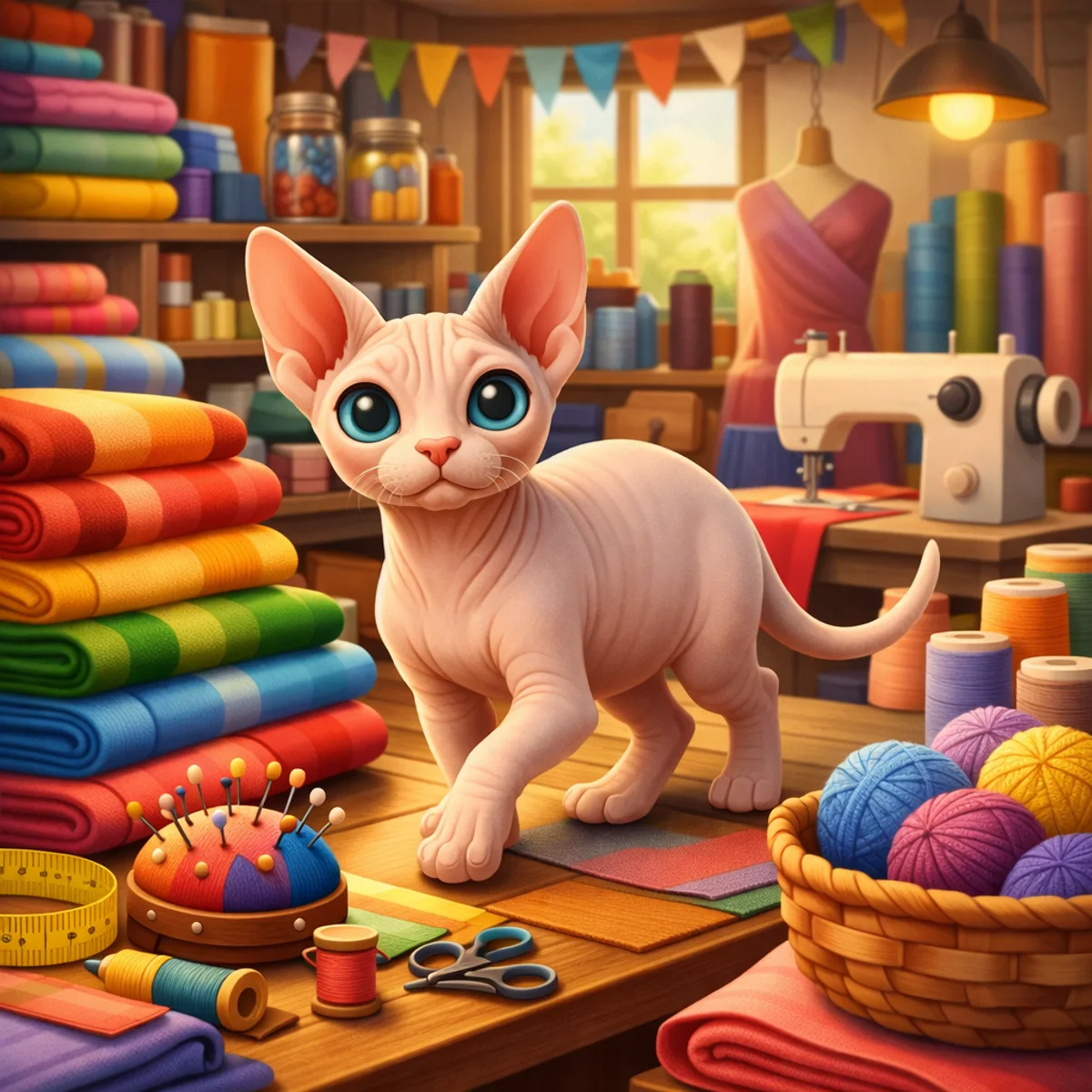 Sphynx Cat in Textile Workshop