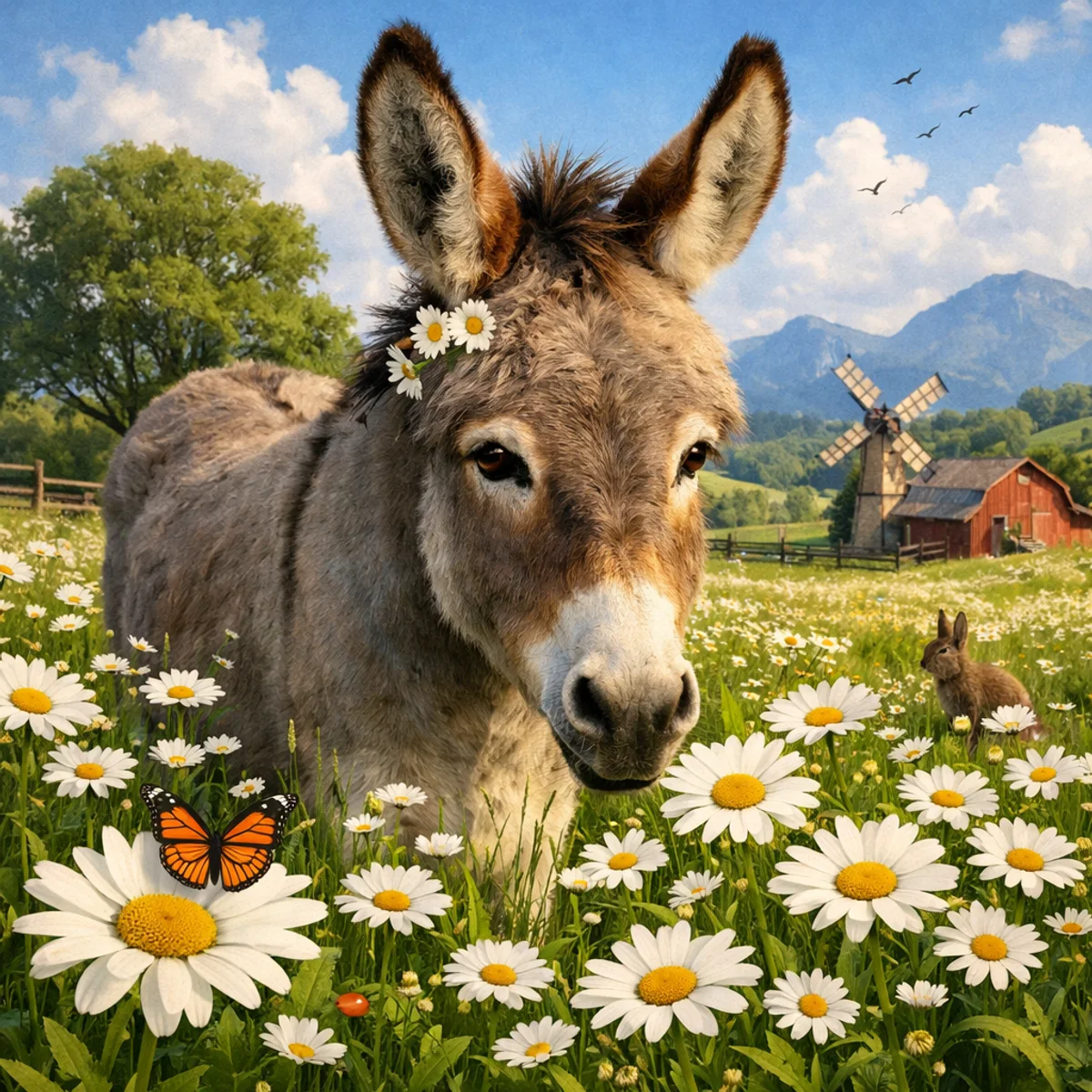 Sanfter Esel auf einer Wiese