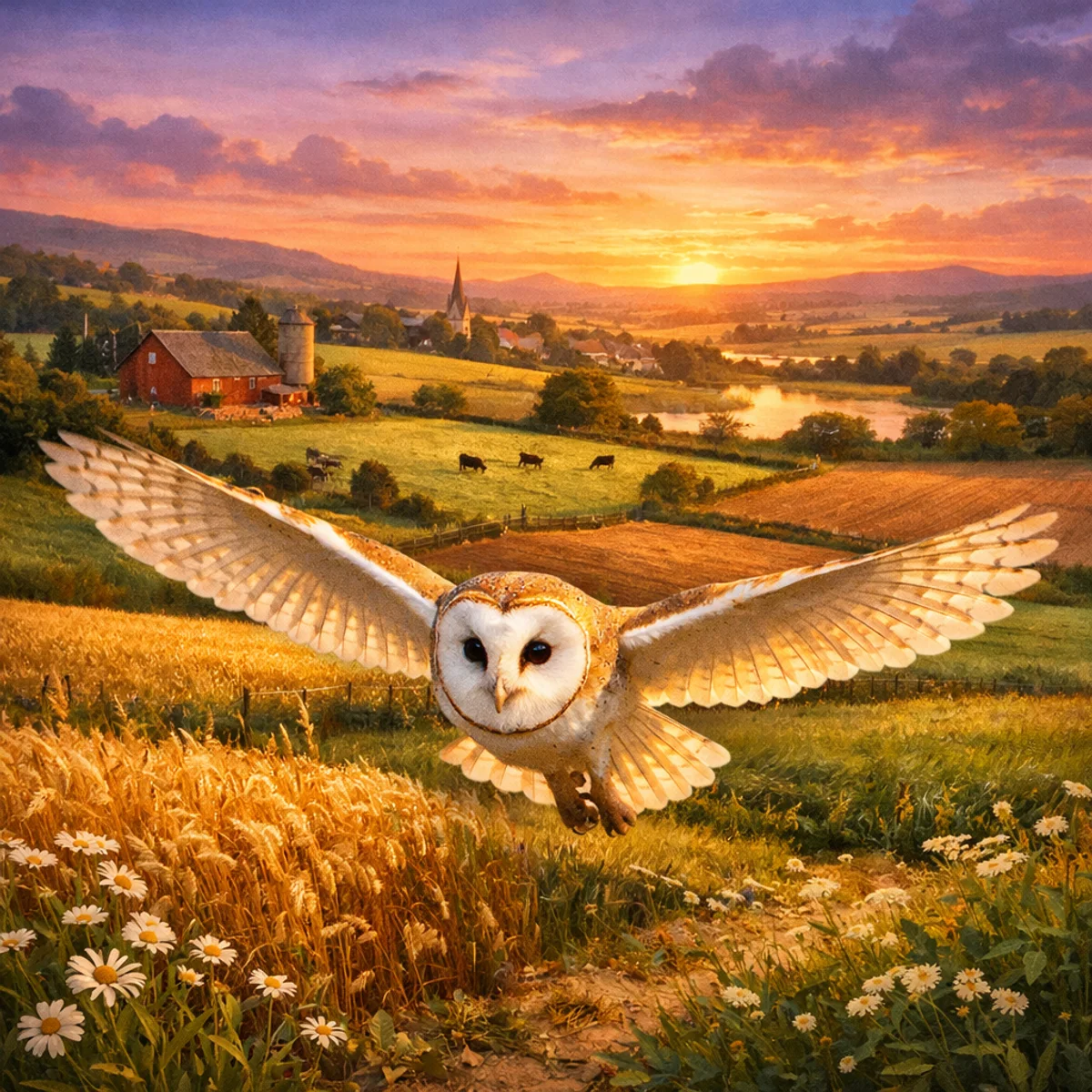 Barn Owl Over Evening Fields
