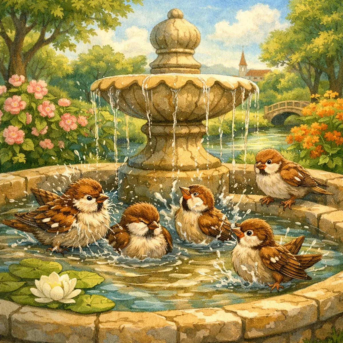 Sparrows in a Fountain
