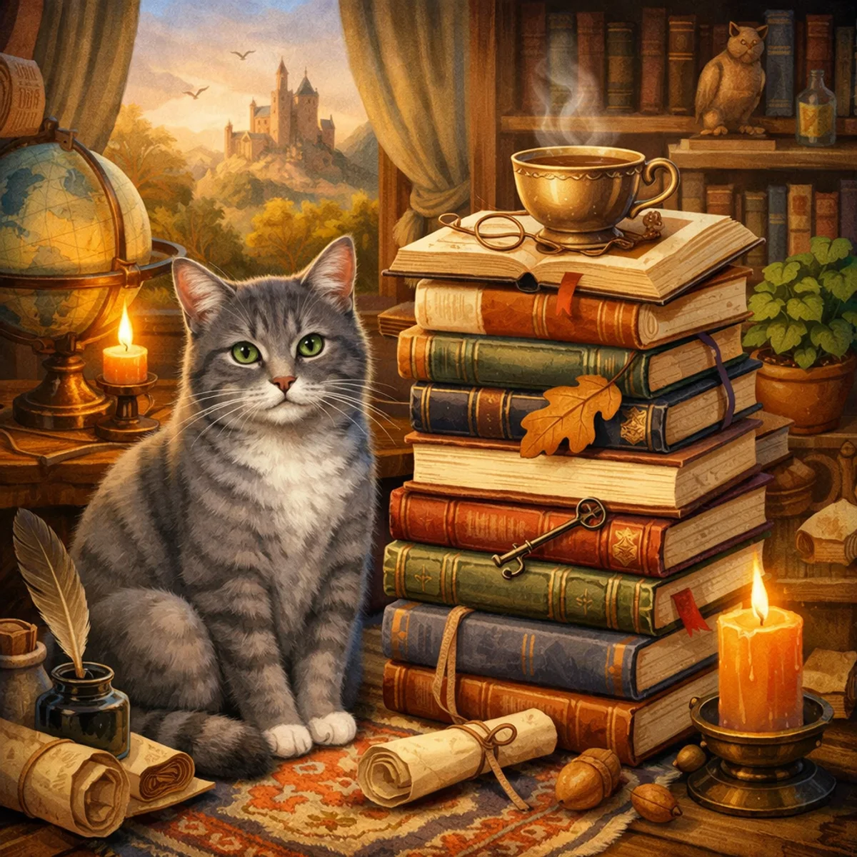 Gato gris curioso junto a libros