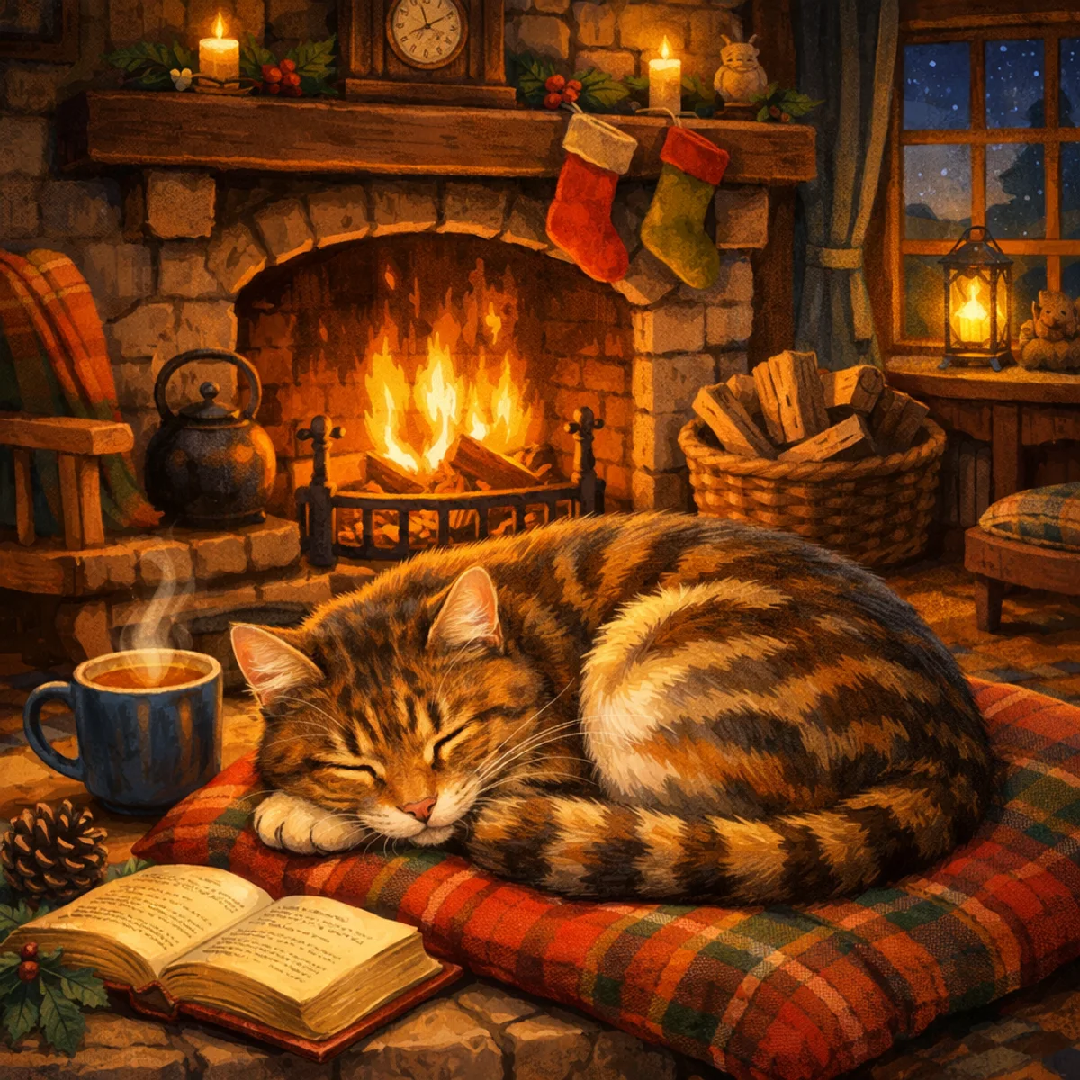 Sleepy Cat by the Fireplace