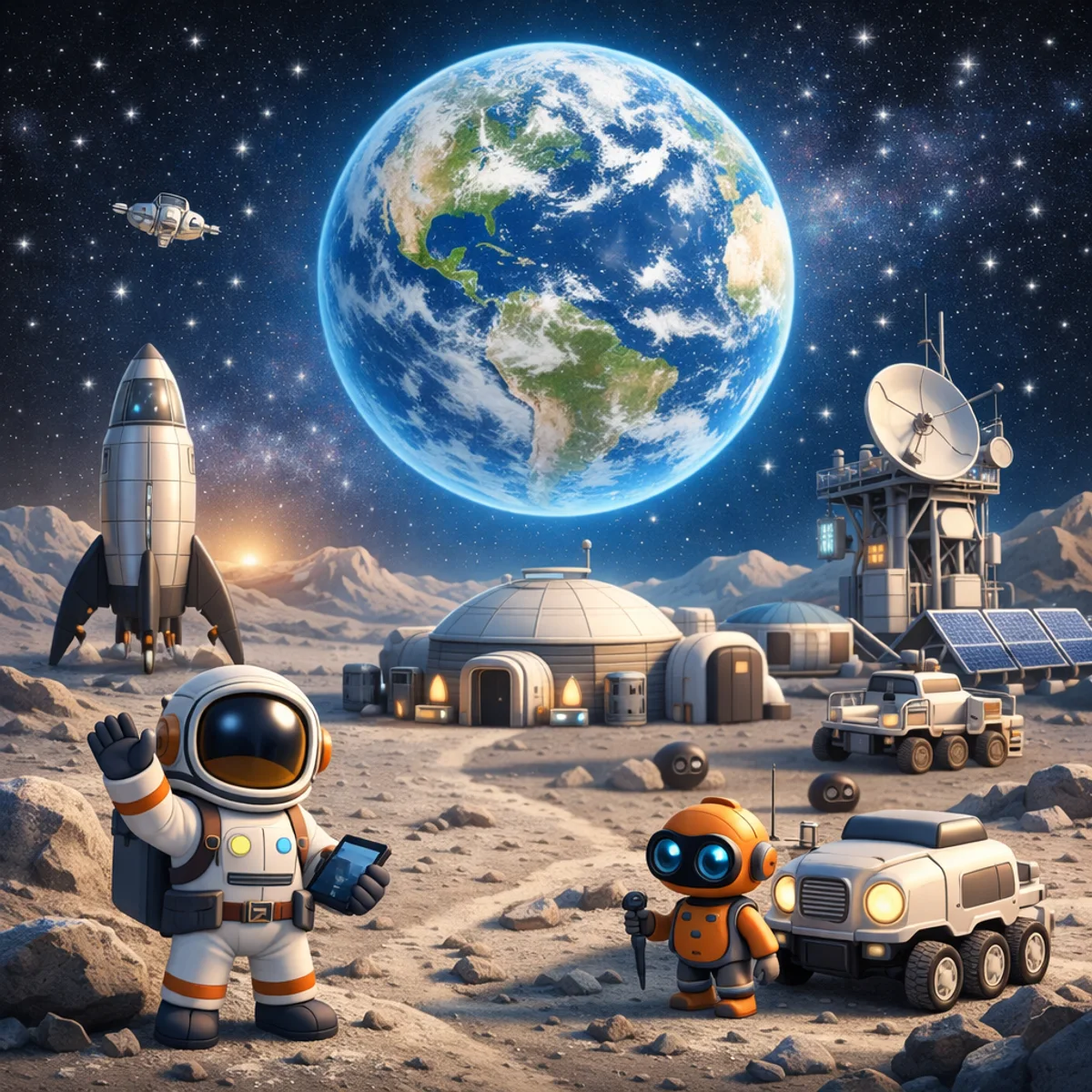 Base lunar con vista a la Tierra