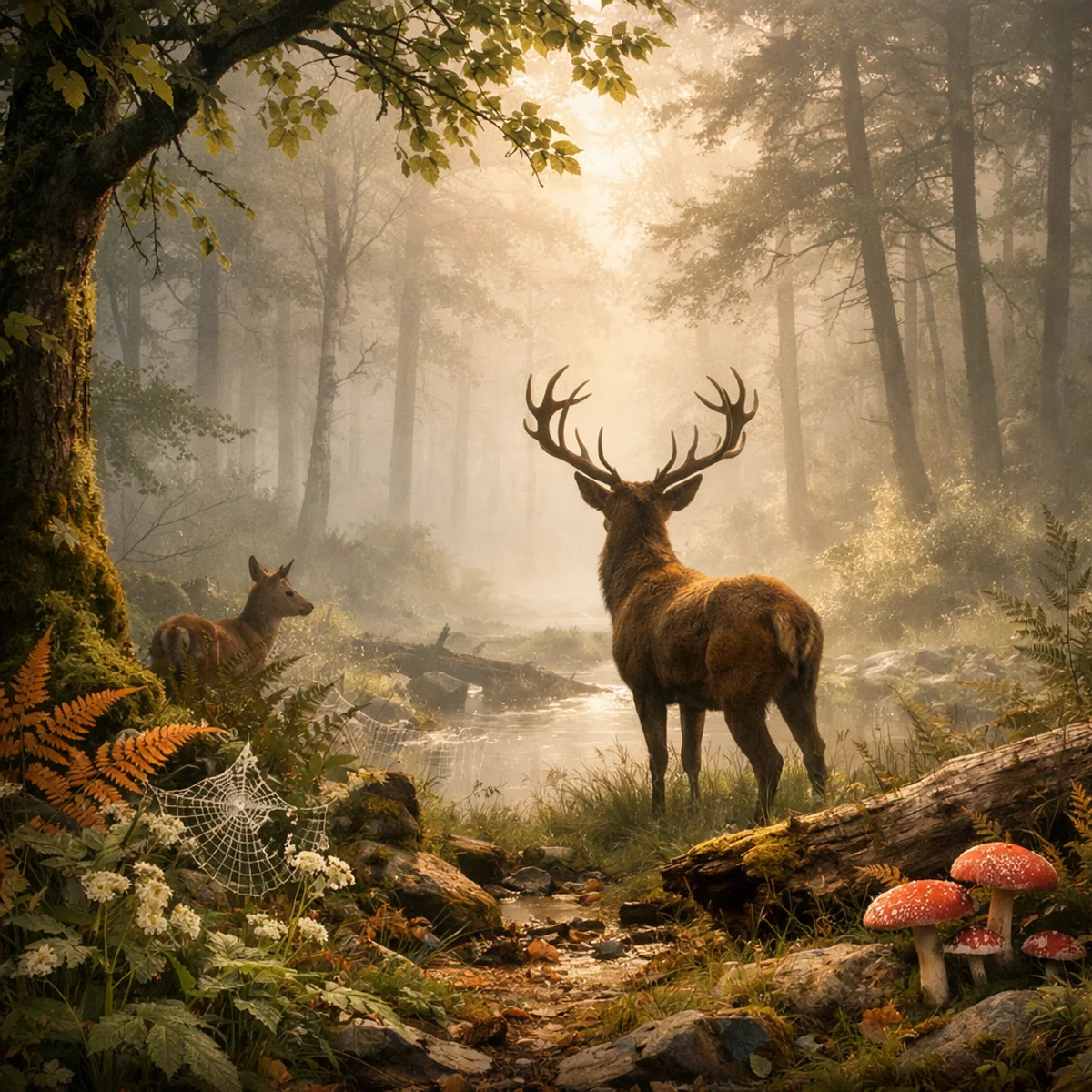 Reh im nebligen Wald