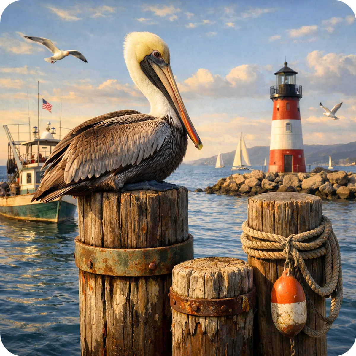 Brown Pelican on Harbor Posts