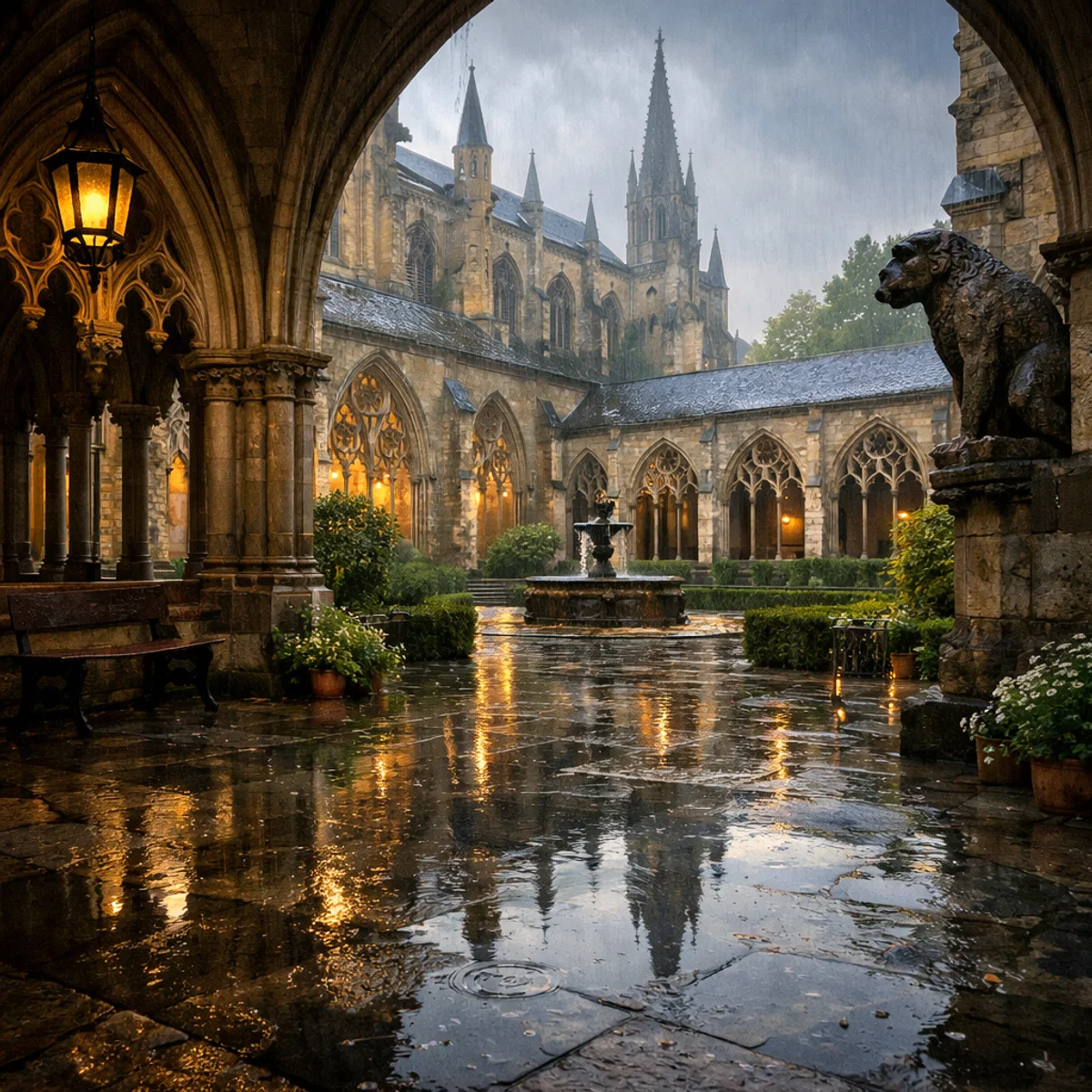 Gothic Cathedral Cloister in Rain