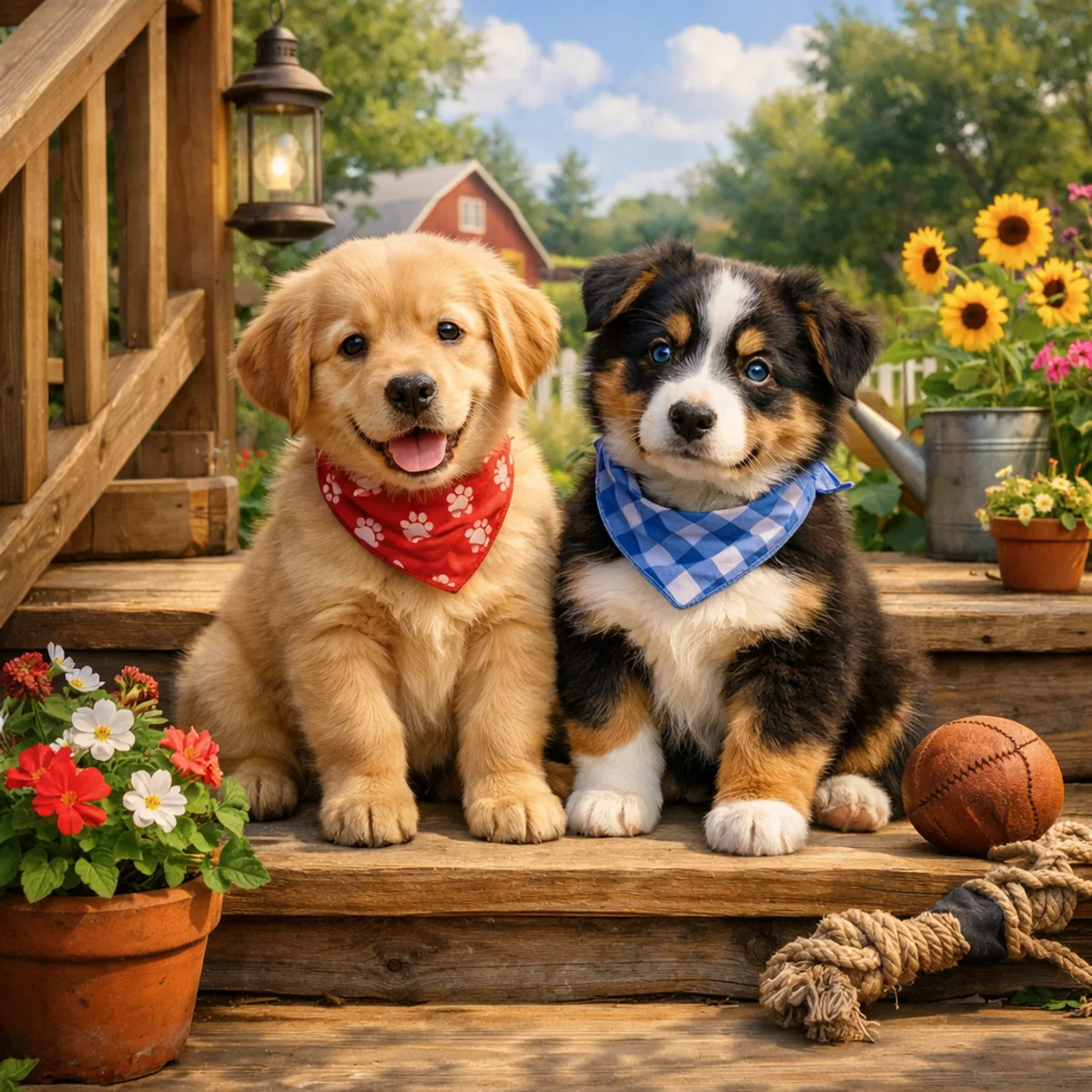 Puppies on Wooden Steps