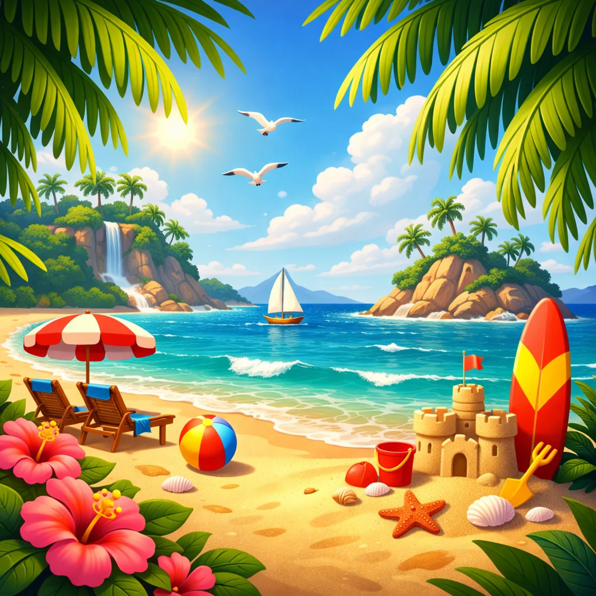 Tropical Beach with Palm Leaves