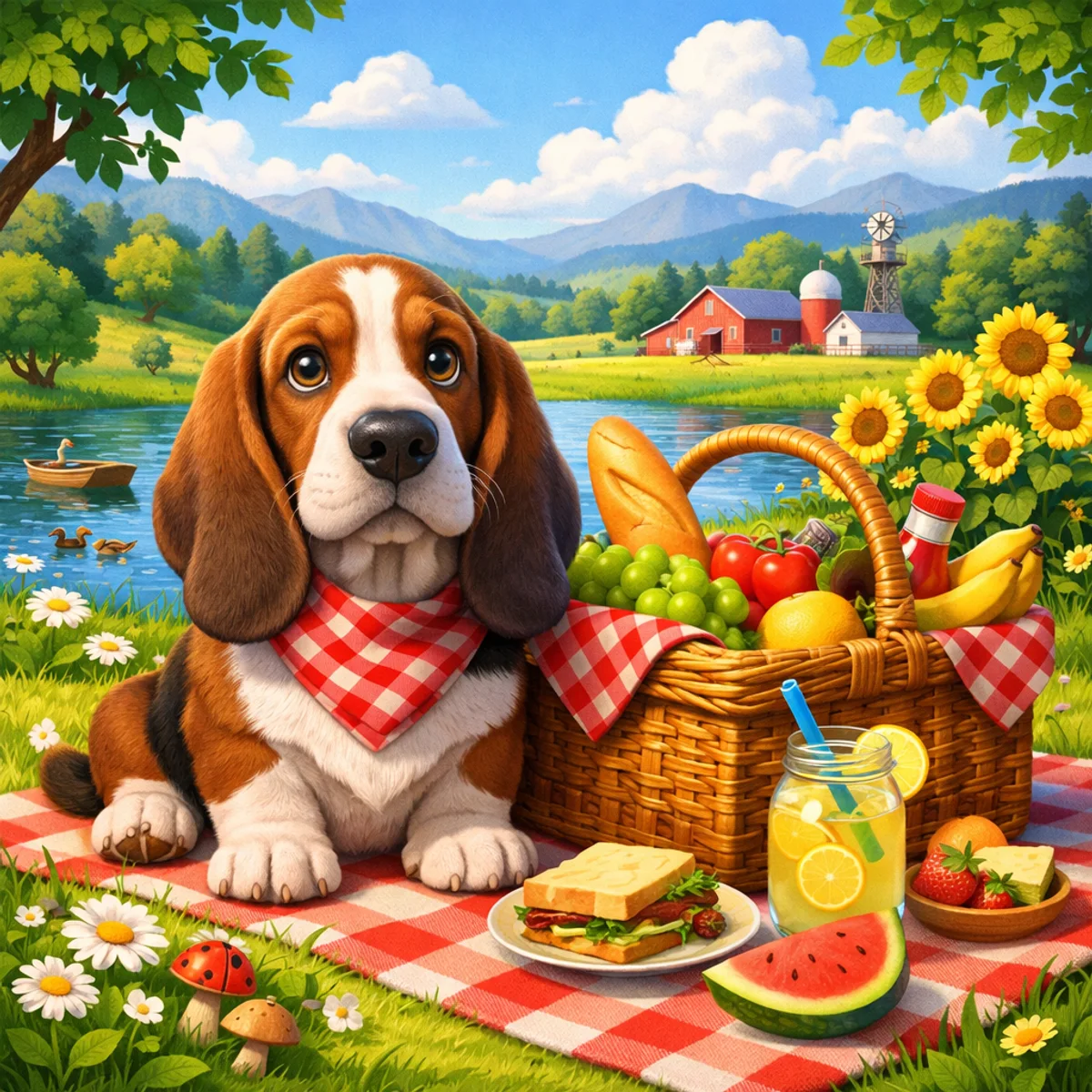 Basset Hound with Picnic Basket