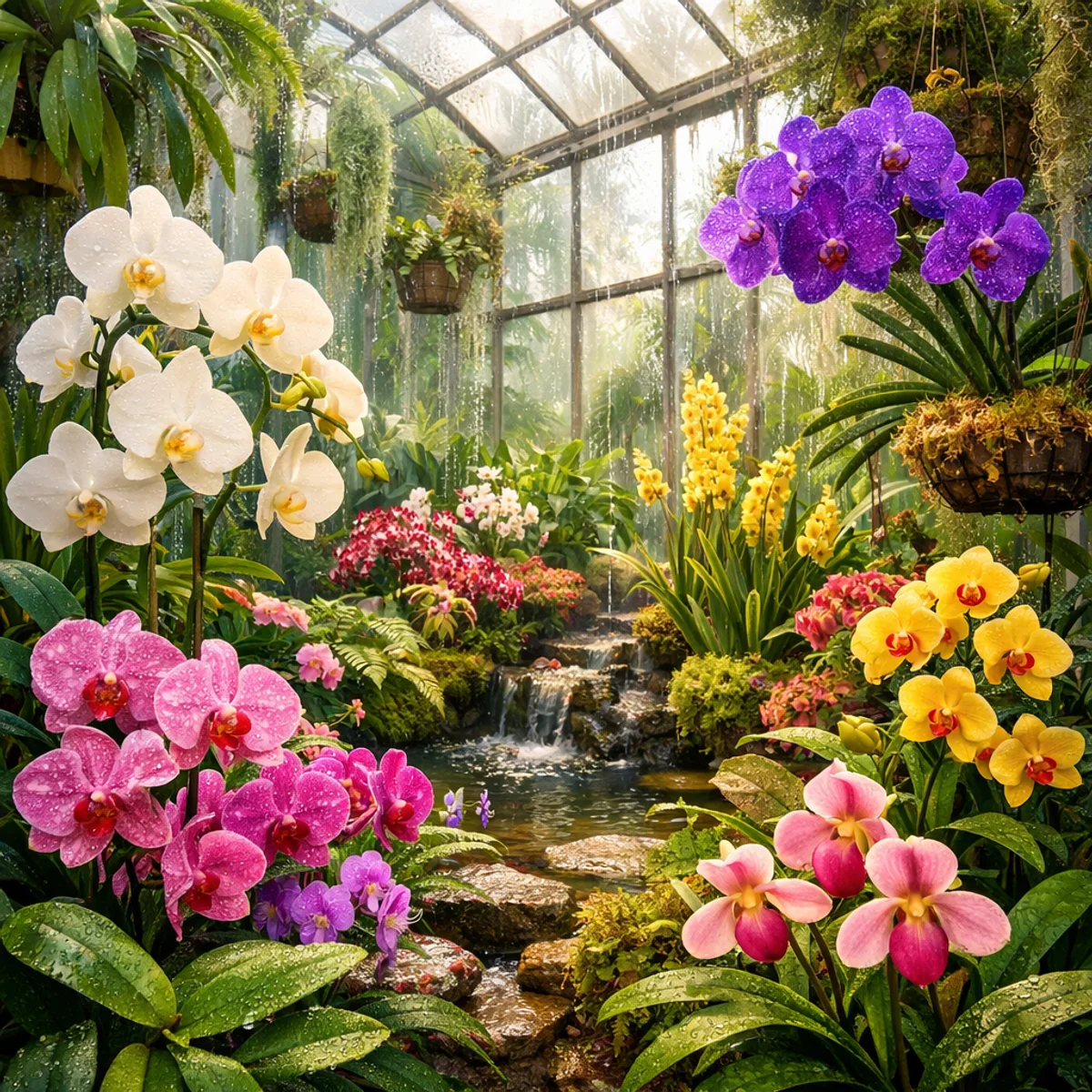 Orchids in a Rainy Greenhouse