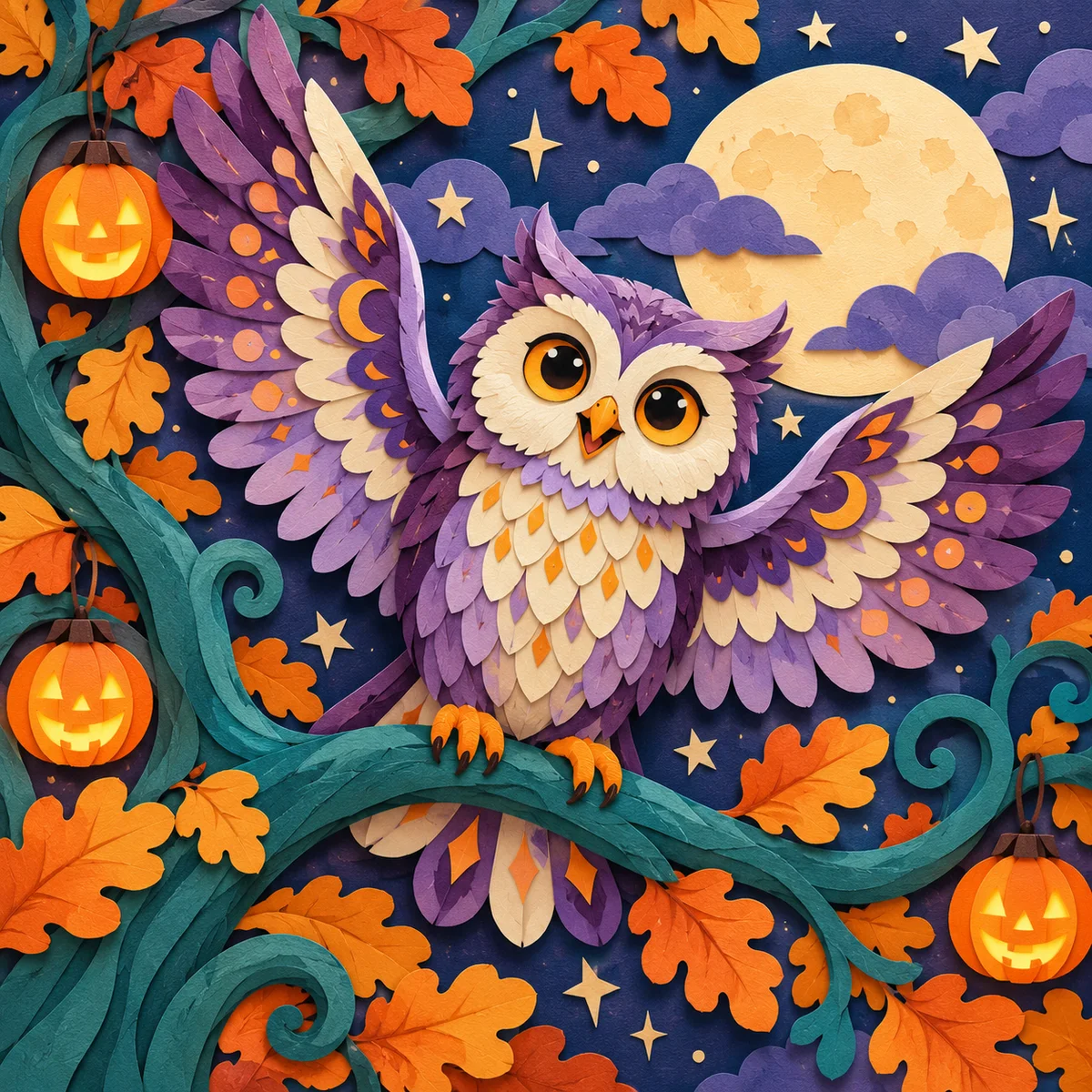 Paper Halloween Owl Under the Moon