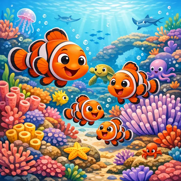 Fröhliche Clownfischfamilie