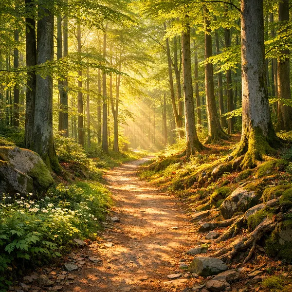 Sonniger Weg im Buchenwald