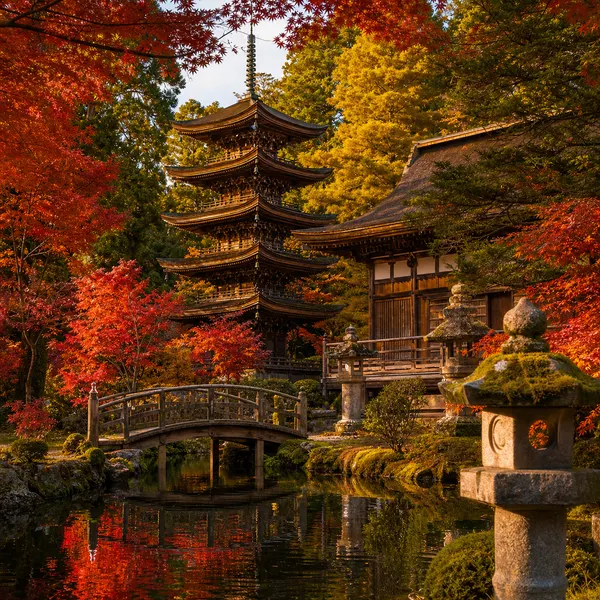 Pagoda japonesa en un jardín de otoño