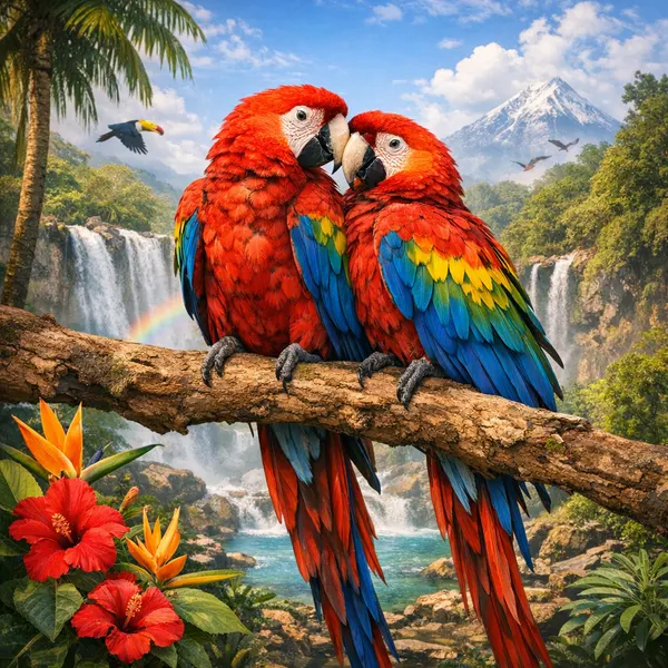 Colorful Lovebirds on a Branch