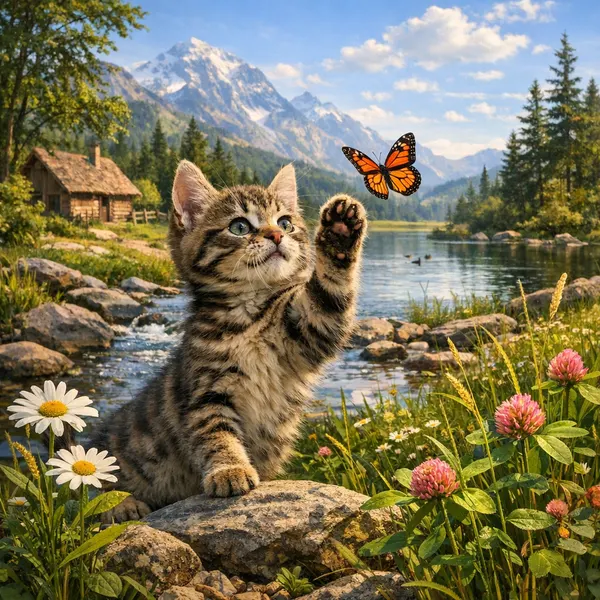 Chaton Jouant avec un Papillon