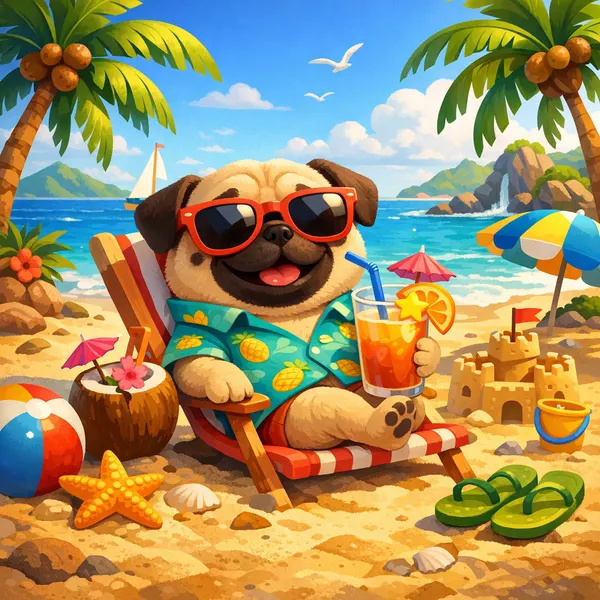 Pug con Gafas en la Playa