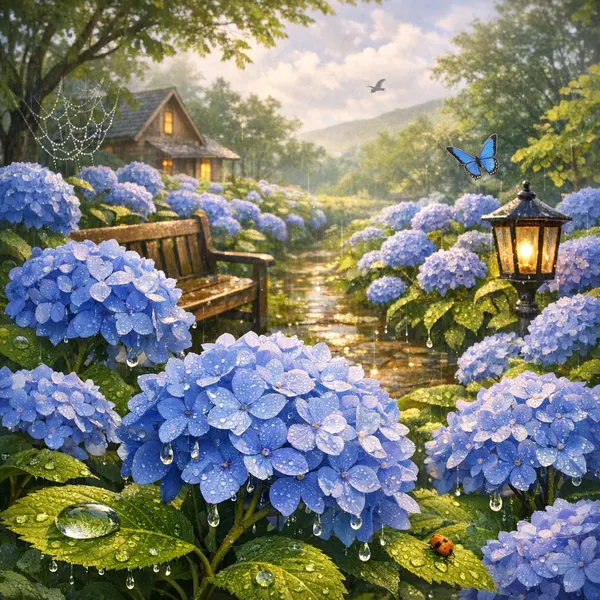 Hortensias Bleus Après la Pluie