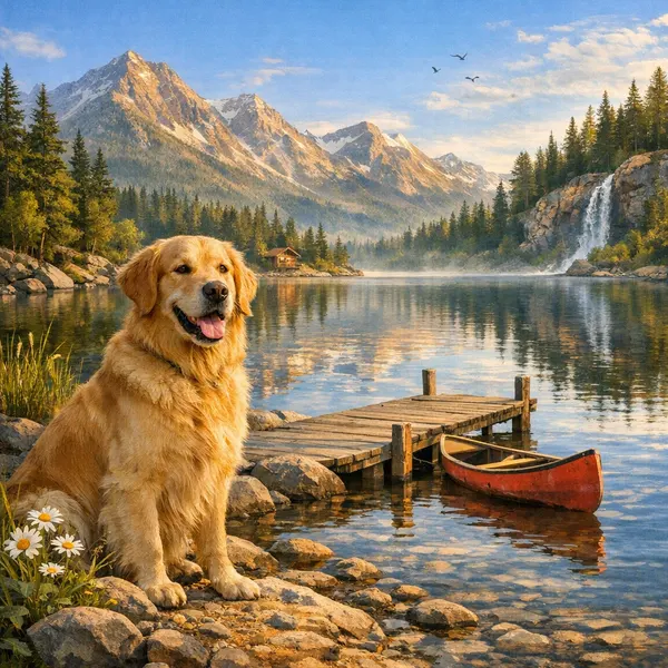 Golden Retriever by a Serene Lake