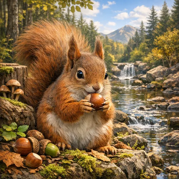Eichhörnchen mit Haselnuss