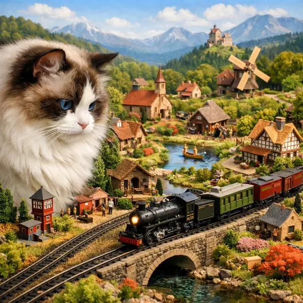 Ragdoll Cat and Mini Train