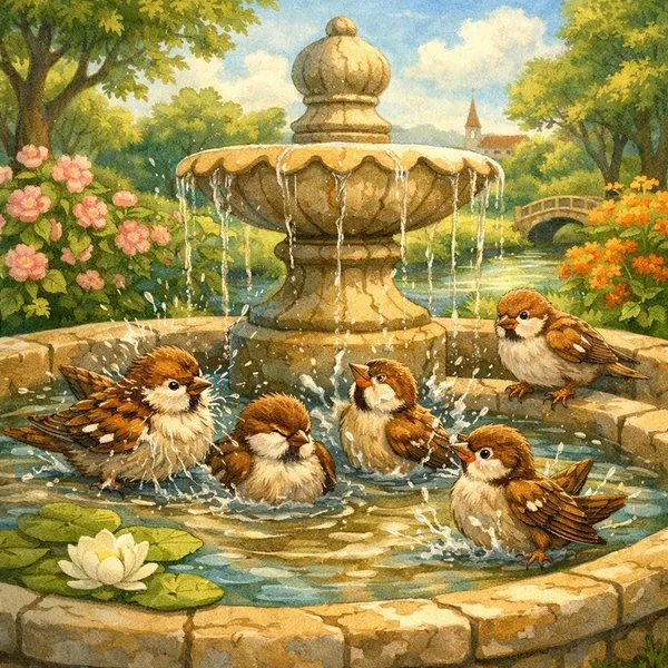 Sparrows in a Fountain