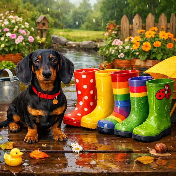 Dachshund and Colorful Rain Boots