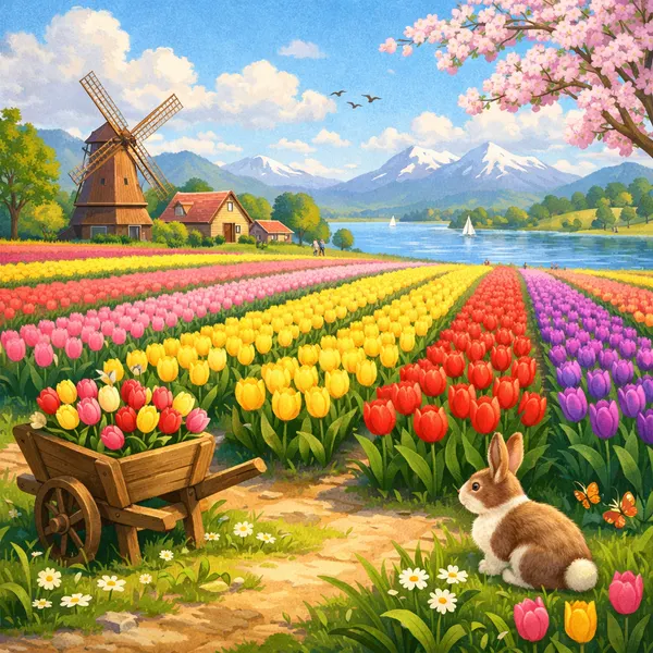 Filas de tulipanes coloridos en primavera