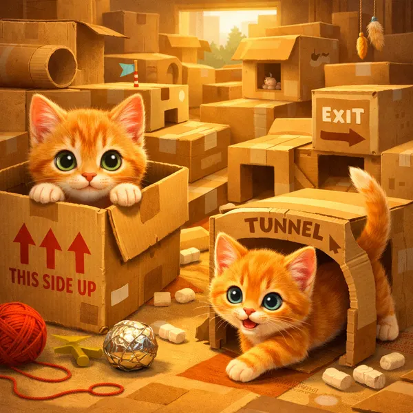 Kittens dans un Labyrinthe en Carton