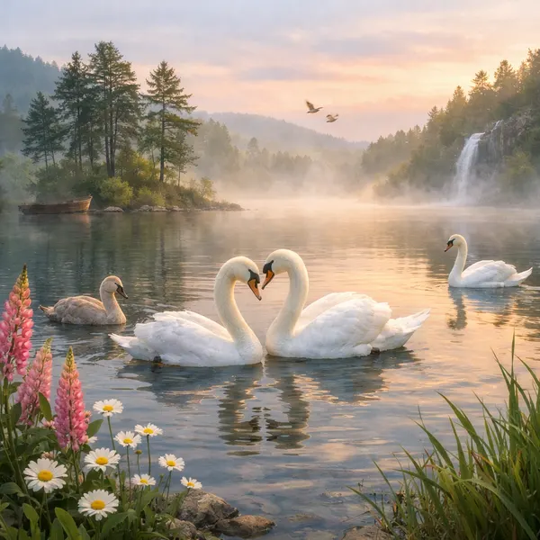 Swans on a Misty Lake
