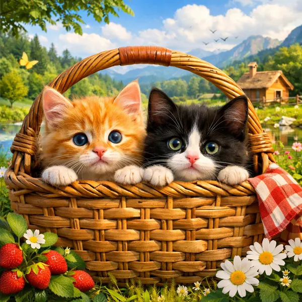 Kittens in a Wicker Basket